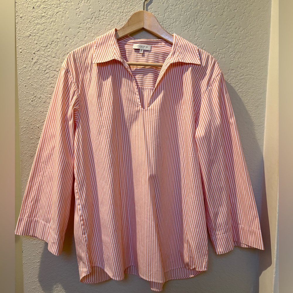 Lafayette 148 Dales Shirt Orange Stripe Top Blouse Cotton Blend Collar - Picture 3 of 7
